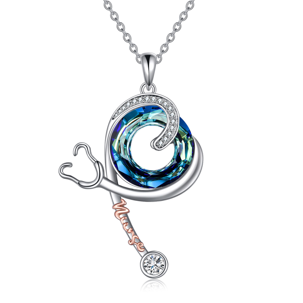 Sterling Silver Two-tone Circular Shaped Stethoscope Crystal Pendant Necklace-1