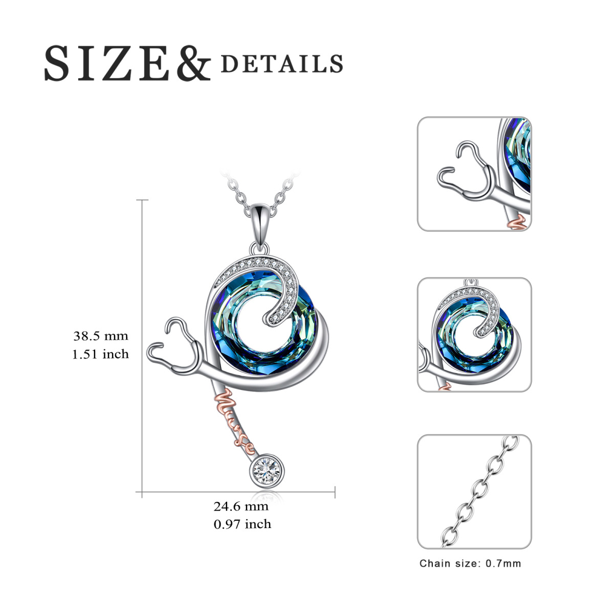 Sterling Silver Two-tone Circular Shaped Stethoscope Crystal Pendant Necklace-5