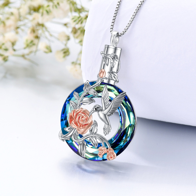 Sterling Silver Two-tone Round Crystal Hummingbird & Rose Urn Necklace for Ashes-3
