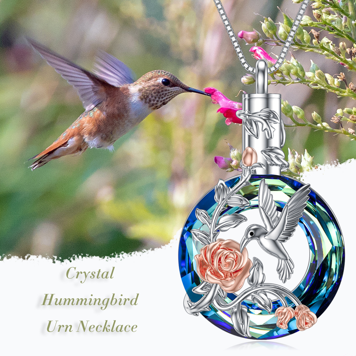 Collar de plata de ley con colibrí y urna rosa de cristal redondo bicolor-6
