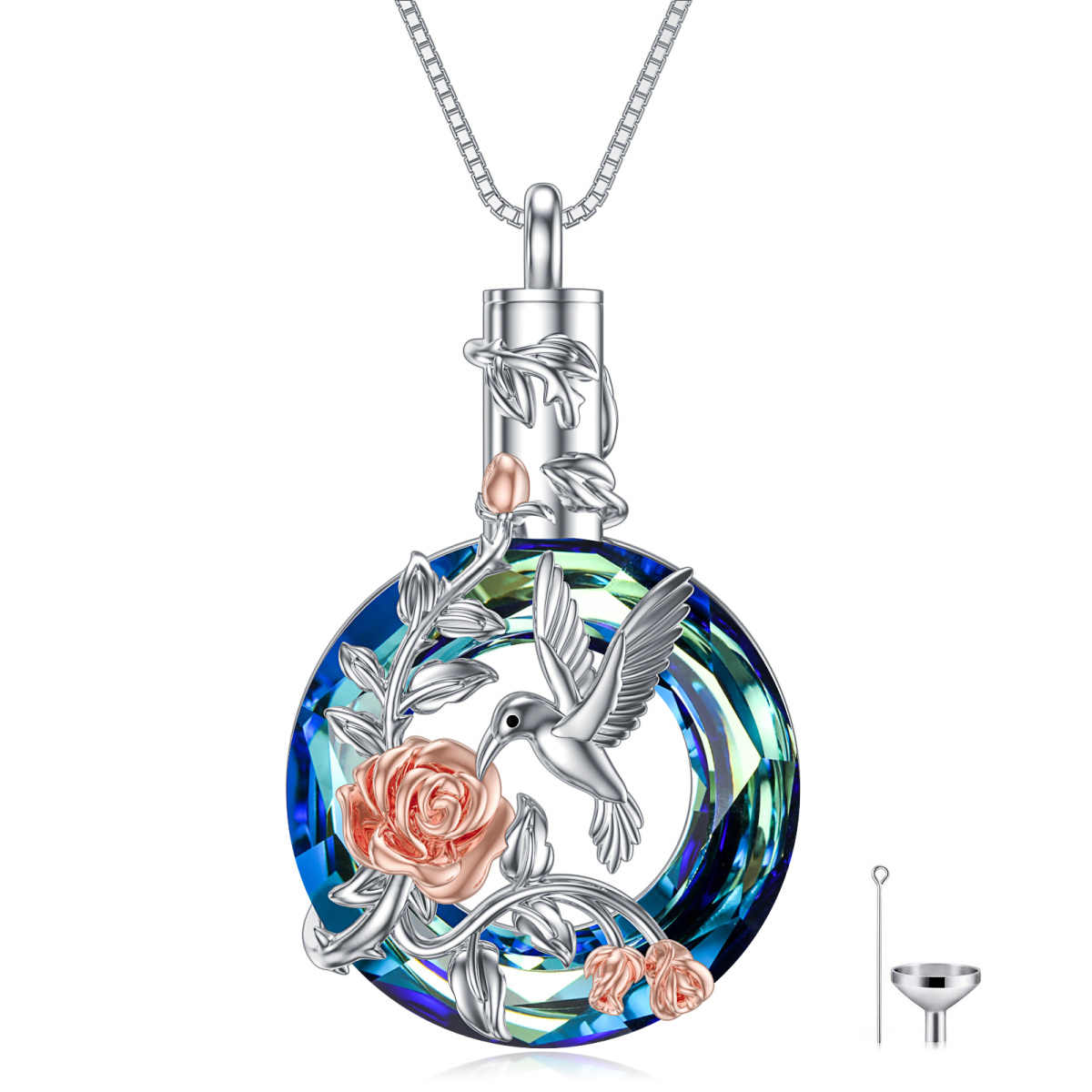 Sterling Silver Two-tone Round Crystal Hummingbird & Rose Urn Necklace for Ashes-1