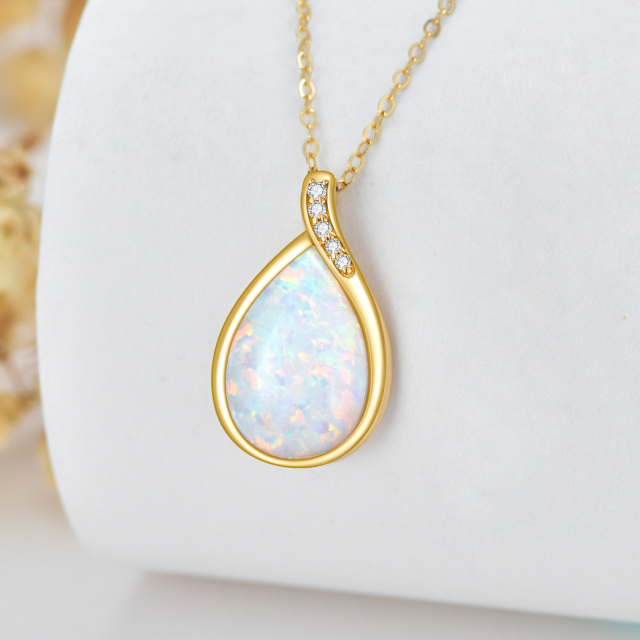 14K Gold Diamond & Drop Shaped Opal Pendant Necklace-2