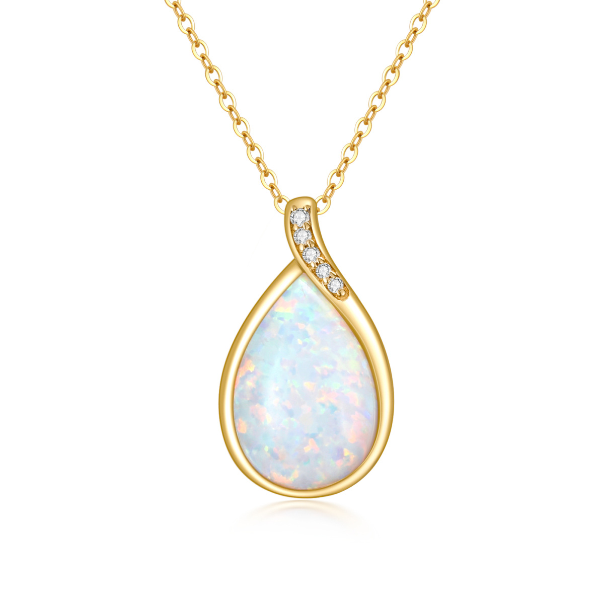 14K Gold Diamond & Drop Shaped Opal Pendant Necklace-1