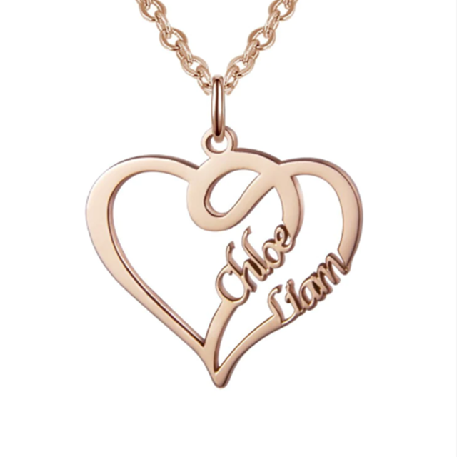 Plata de ley con baño de oro rosa personalizado clásico nombre y corazón colgante collar-0