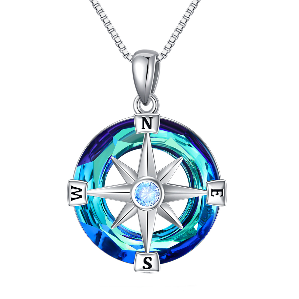 Sterling Silver Circular Shaped Compass Crystal Pendant Necklace with Initial Letter E & with Initial Letter N & with Initial Letter S & with Initial Letter W-1