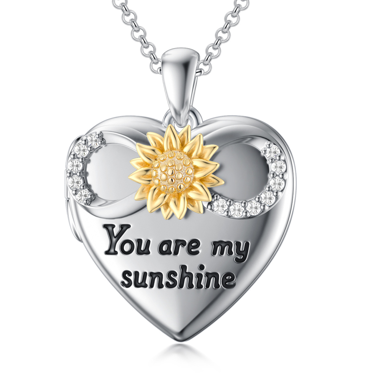 10K White Gold Cubic Zirconia Sunflower Pendant Necklace with Engraved Word-1