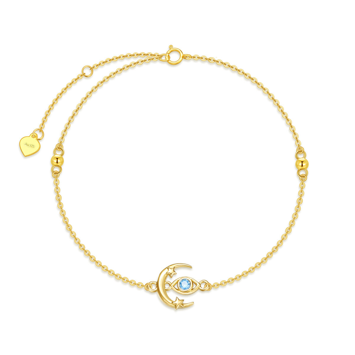 14K Gold Round Zircon Moon Bead Station Chain Bracelet-1