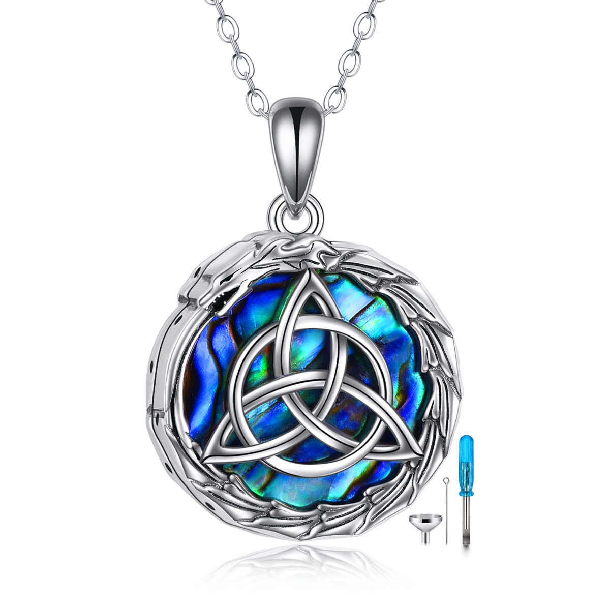 Sterling Silver Circular Shaped Abalone Shellfish Dragon & Celtic Knot Urn Necklace for Ashes with Engraved Word for Men-1