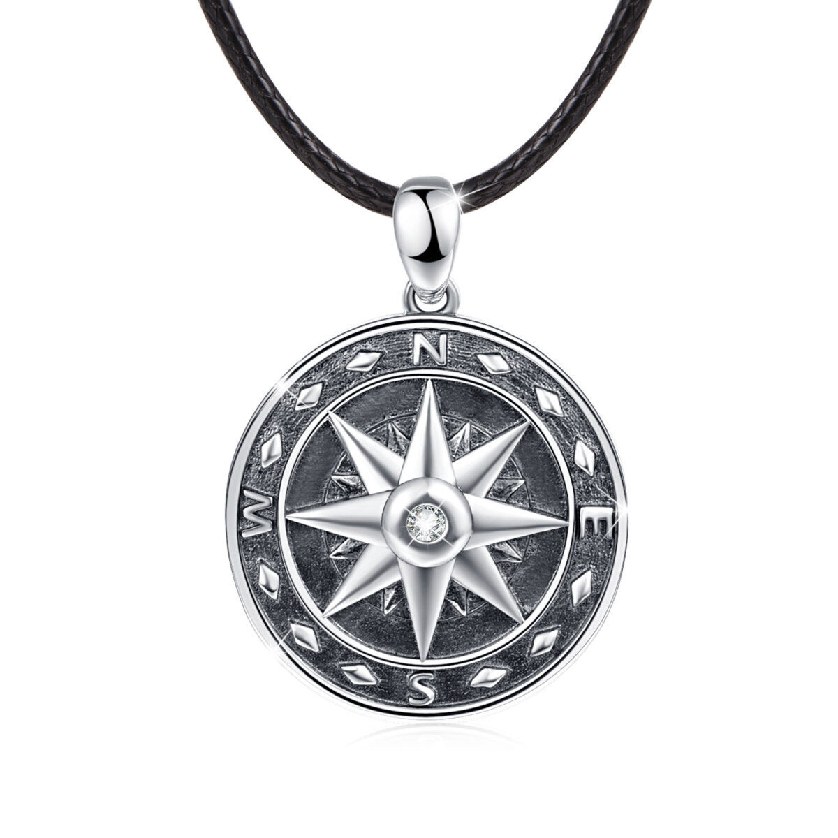 Sterling Silver Circular Shaped Cubic Zirconia Compass Pendant Necklace for Men-1