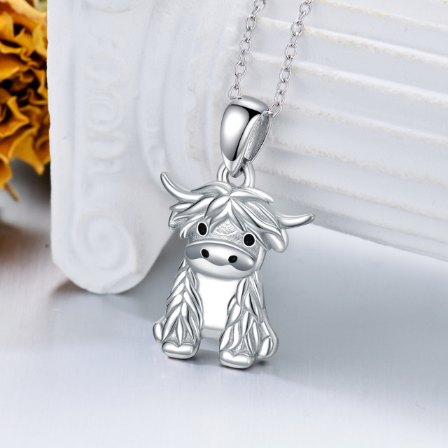 Sterling Silver Highland Cow Pendant Necklace with 14K White Gold Plated-3