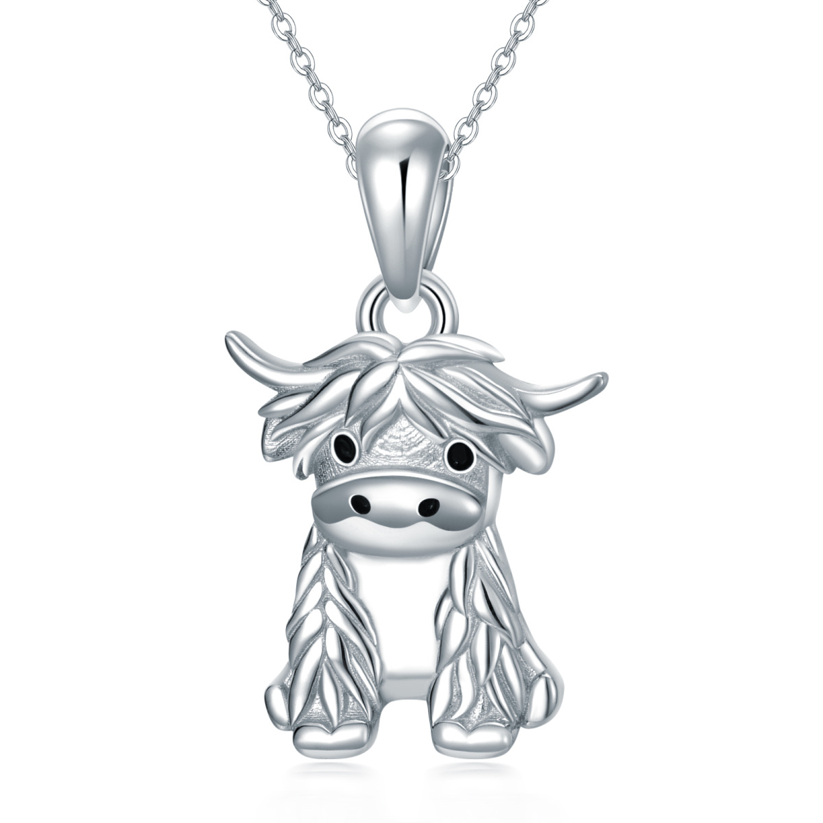 Sterling Silver Highland Cow Pendant Necklace with 14K White Gold Plated-1