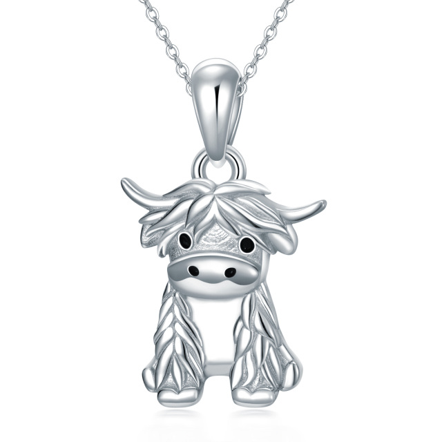 Sterling Silver Highland Cow Pendant Necklace with 14K White Gold Plated-0