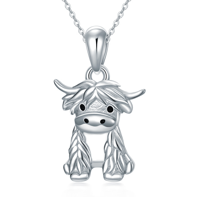 Collier en argent sterling avec pendentif vache Highland et plaqué or blanc 14K-0