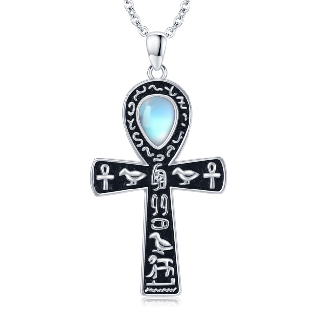 Sterling Silver Pear Shaped Moonstone Ankh Pendant Necklace-1