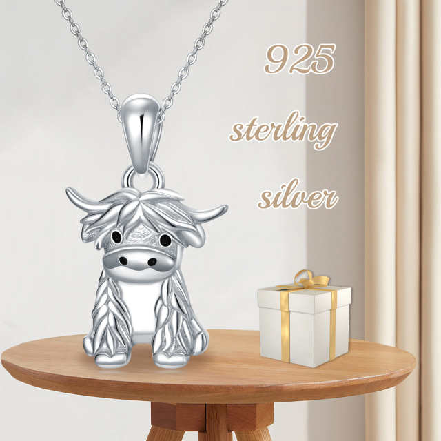 Sterling Silver Highland Cow Pendant Necklace with 14K White Gold Plated-4