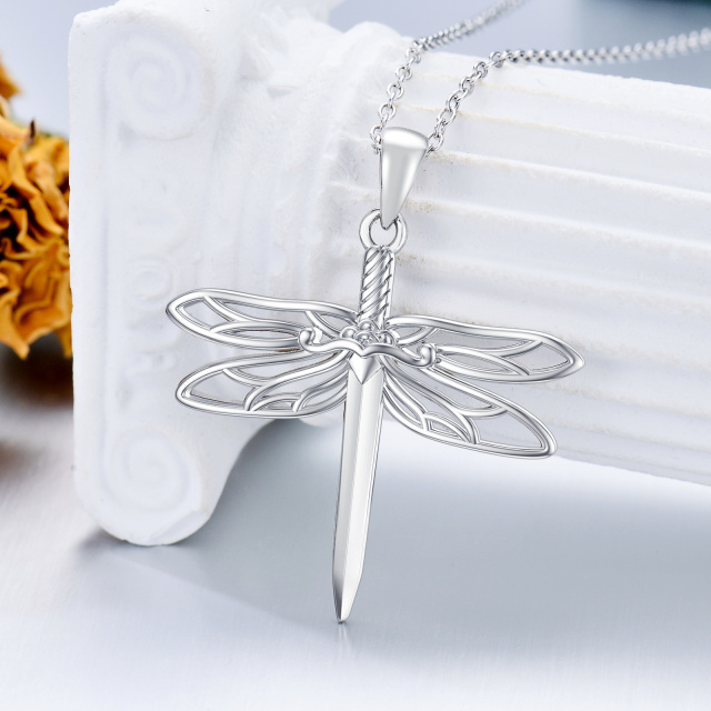 Sterling Silver Dragonfly & Sword Pendant Necklace-3