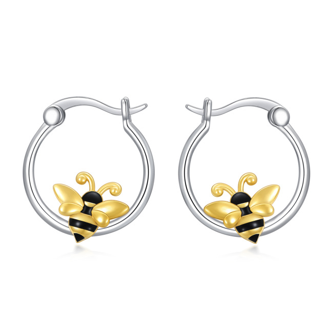 Sterling Silver Two-tone Bee Hoop Earrings-1