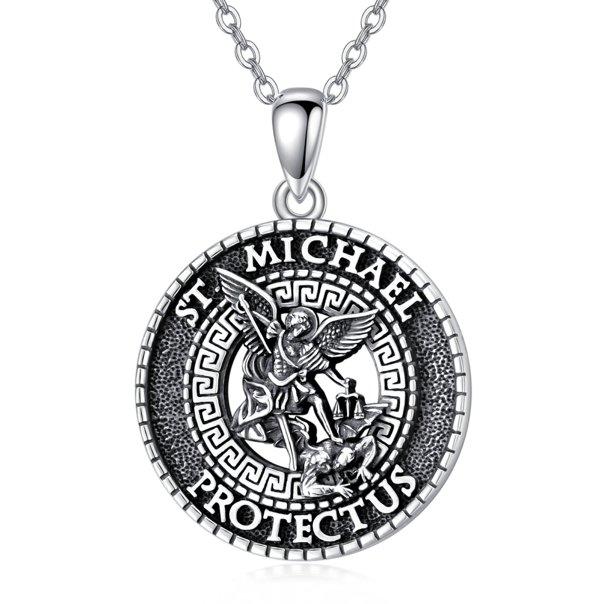 Sterling Silver Saint Michael Pendant Necklace with Engraved Words-1