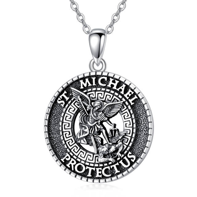 Sterling Silver Saint Michael Pendant Necklace with Engraved Words-0