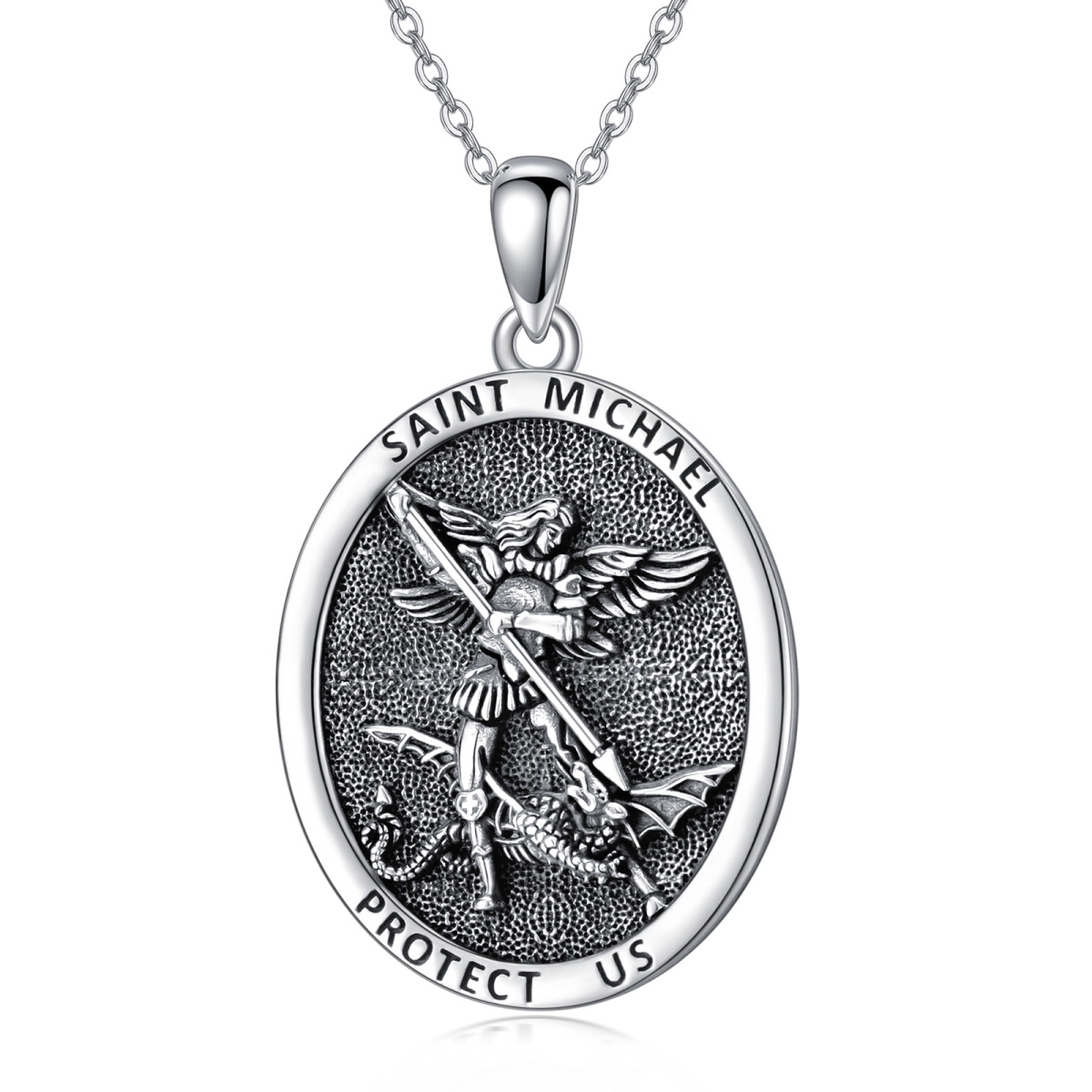 Sterling Silver Saint Michael Oval Shaped Pendant Necklace with Engraved Word for Men-1