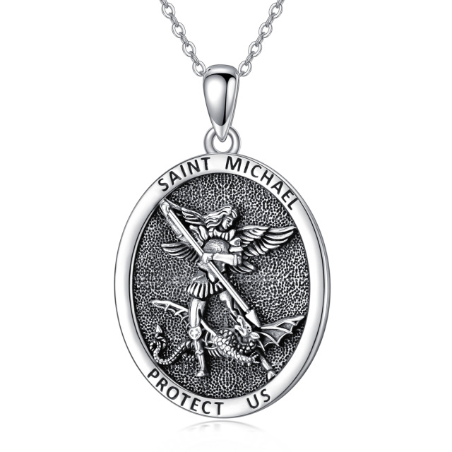Colar com pingente de prata esterlina em forma oval de São Miguel com palavra gravada para homem-0