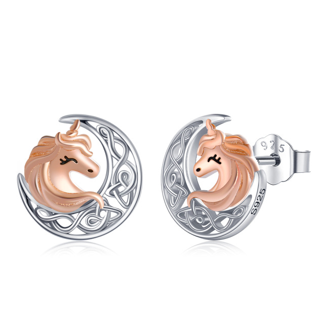 Sterling Silver Two-tone Moon & Unicorn Stud Earrings-1