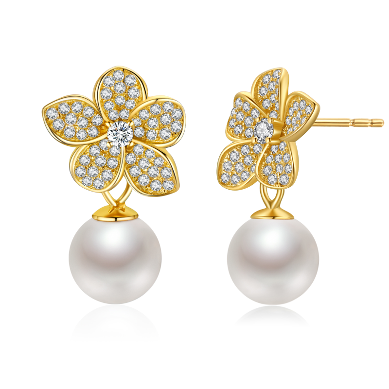 Sterling Silver with Yellow Gold Plated Circular Shaped Pearl Butterfly Drop Earrings