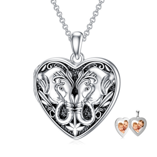 Sterling Silver with Black Plated Heart Shaped Elephant Personalized Photo Locket Necklace