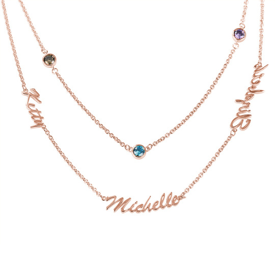 Sterling Silver with Rose Gold Plated Personalized Birthstone & Personalized Classic Name Layered Necklace