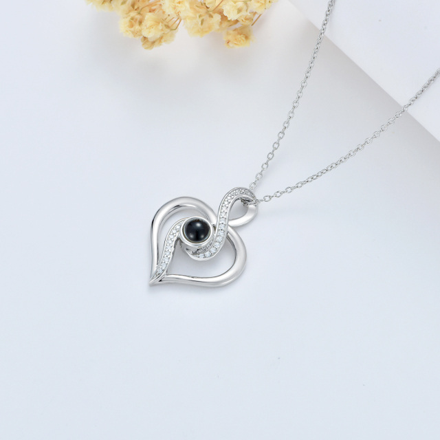 Sterling Silver Circular Shaped Cubic Zirconia & Projection Stone Heart & Infinity Symbol Pendant Necklace with Engraved Word-3