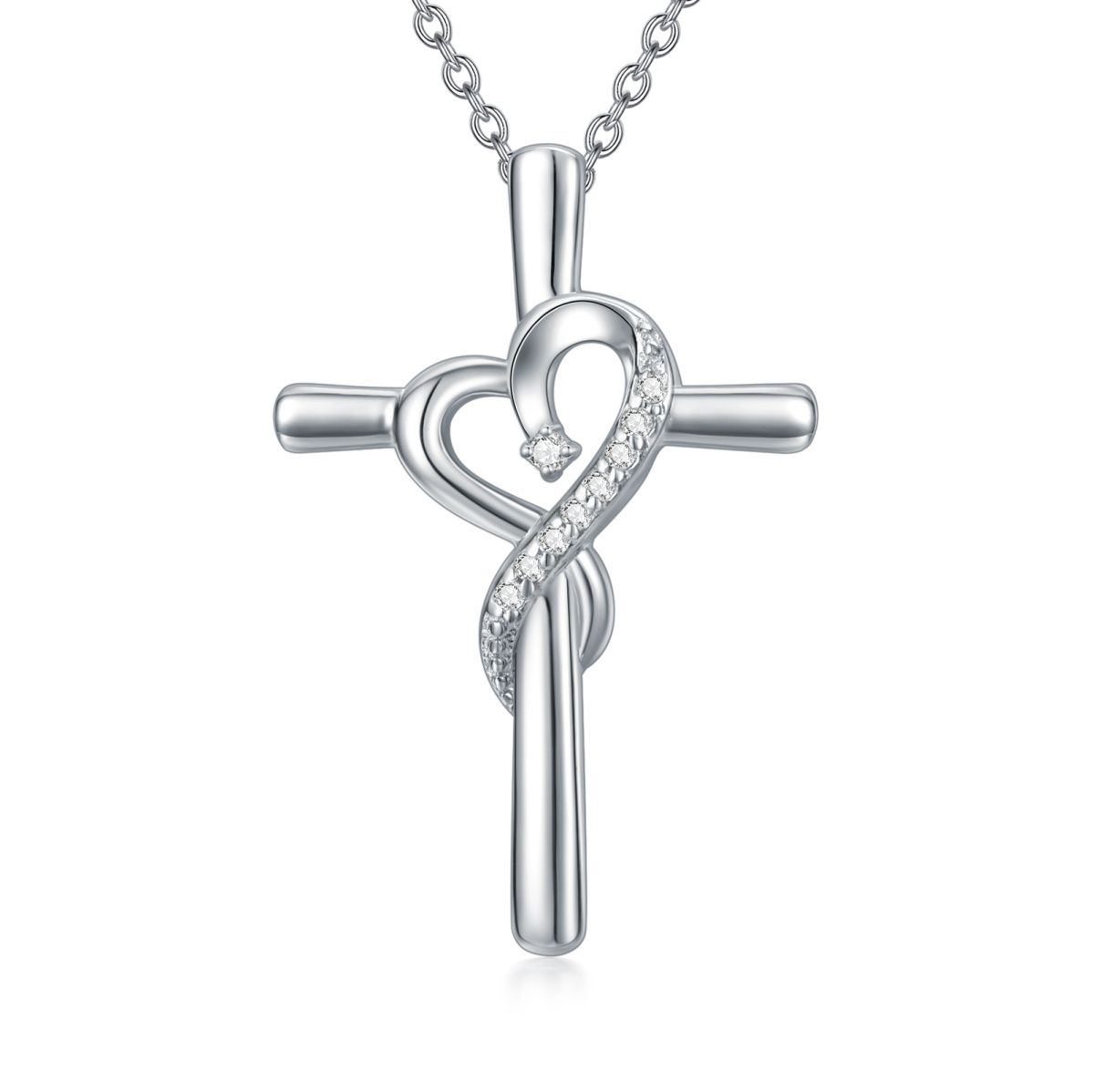 Sterling Silver Diamond Cross & Heart Pendant Necklace-1