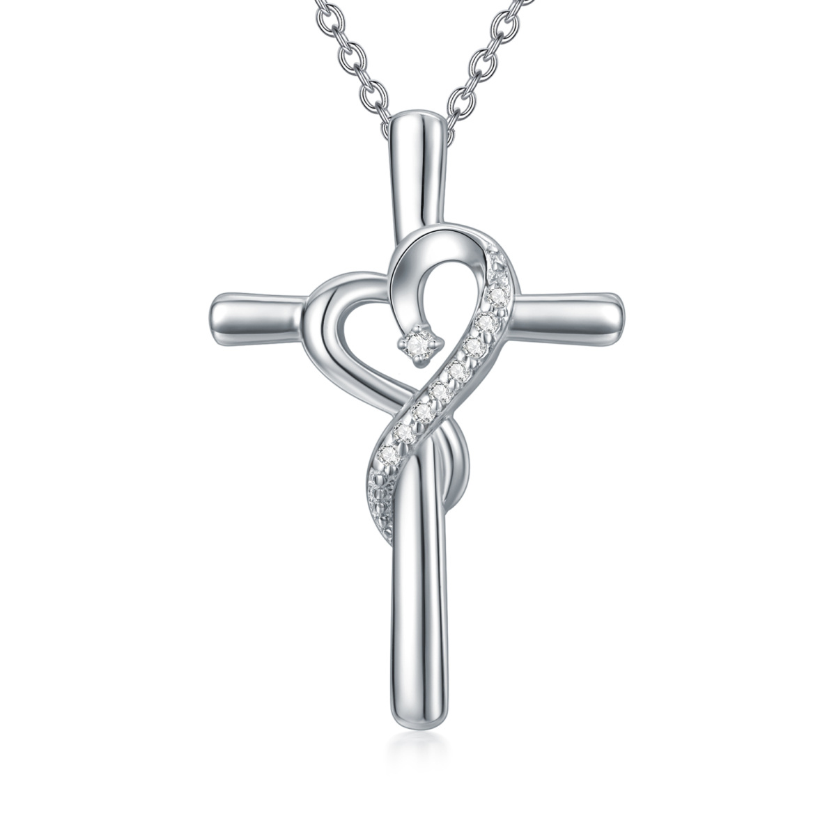 Collier en argent sterling avec pendentif croix et cœur en diamant-1