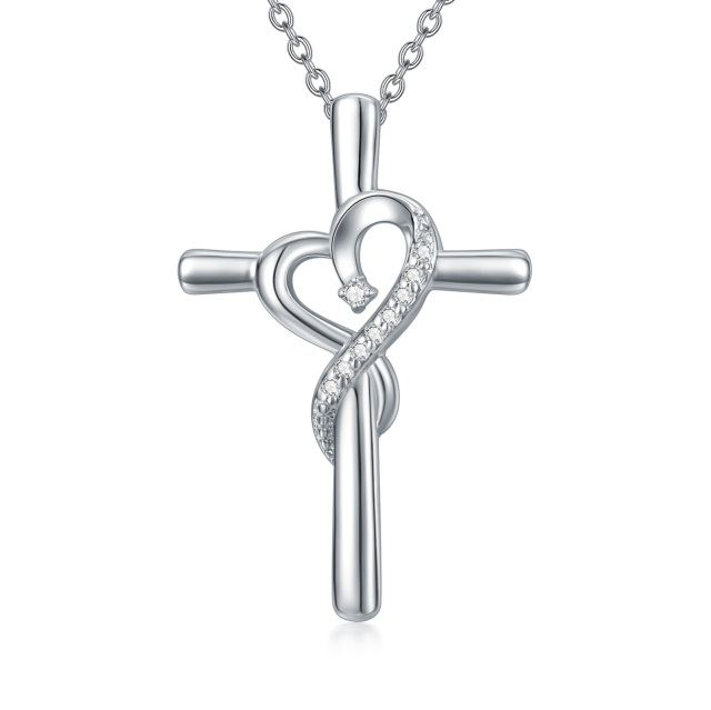 Sterling Silber Diamant-Kreuz & Herz-Anhänger Halskette-0