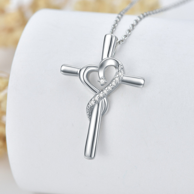 Sterling Silver Diamond Cross & Heart Pendant Necklace-2