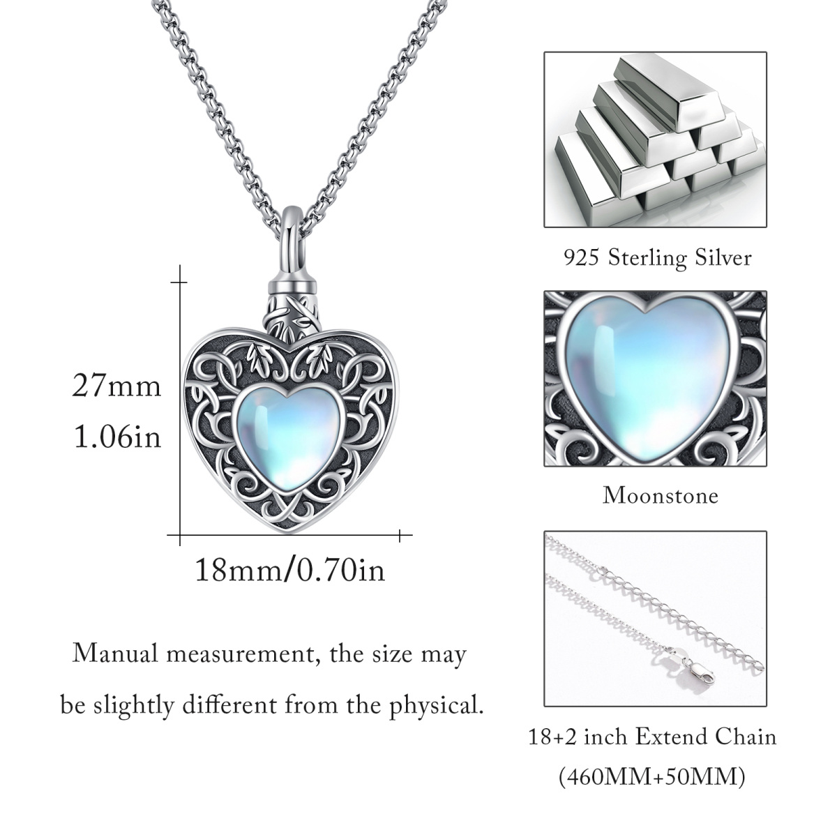 Sterling Silver Moonstone Heart Urn Necklace for Ashes-6