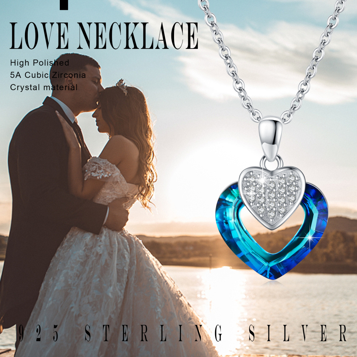 Sterling Silver Heart Shaped Heart Crystal Pendant Necklace-6