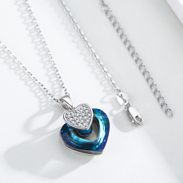 Sterling Silver Heart Shaped Heart Crystal Pendant Necklace-3
