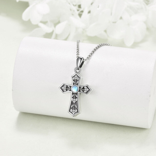 Sterling Silver Round Moonstone Cross Urn Necklace for Ashes-2