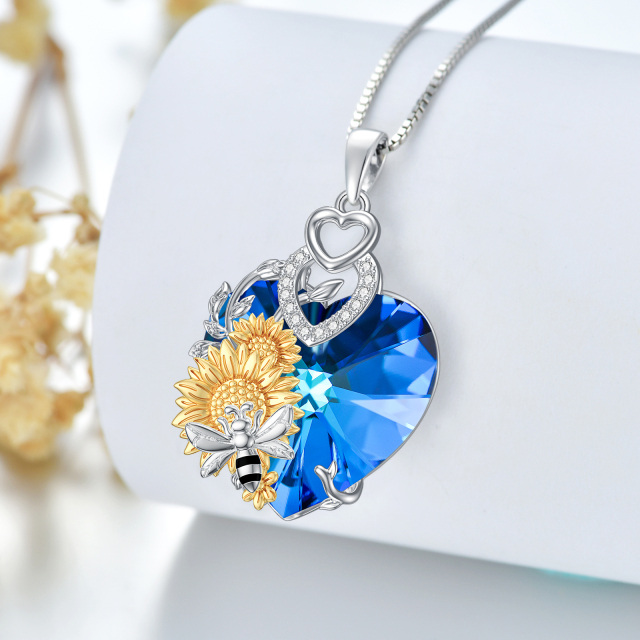 Sterling Silver Two-tone Heart Shaped Bee & Sunflower Crystal Pendant Necklace-2