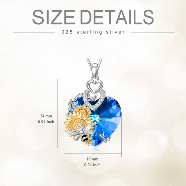 Sterling Silver Two-tone Heart Shaped Bee & Sunflower Crystal Pendant Necklace-4