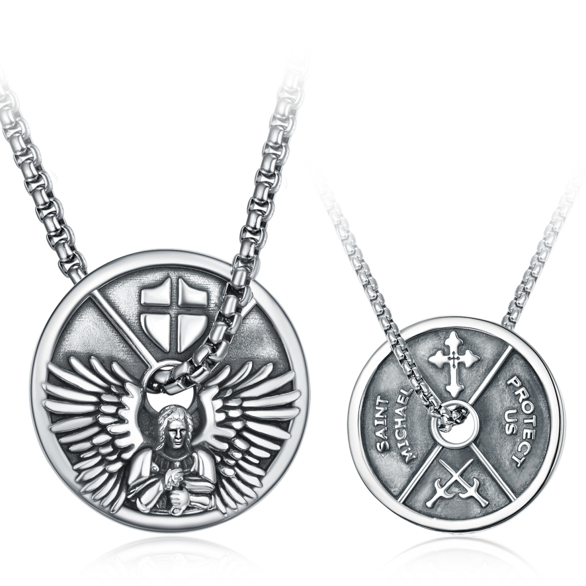 Sterling Silver Saint Michael Coin Pendant Necklace with Engraved Word for Men-1