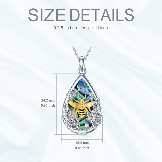 Sterling Silver Two-tone Abalone Shellfish Bee & Rose Pendant Necklace-4