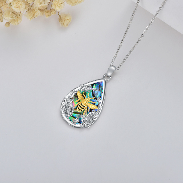Sterling Silver Two-tone Abalone Shellfish Bee & Rose Pendant Necklace-5