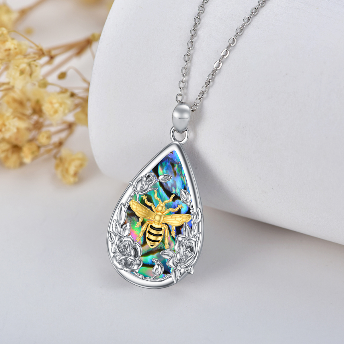 Sterling Silver Two-tone Abalone Shellfish Bee & Rose Pendant Necklace-6