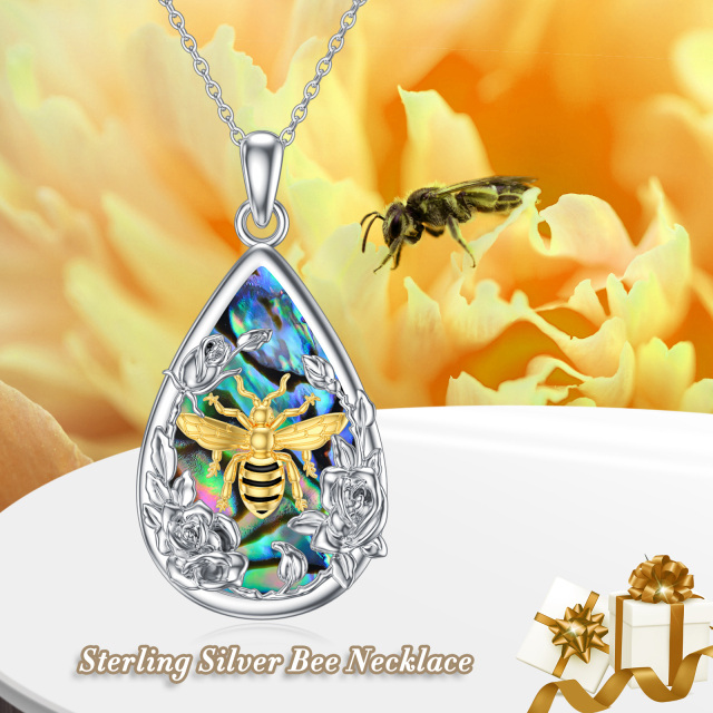 Sterling Silver Two-tone Abalone Shellfish Bee & Rose Pendant Necklace-3