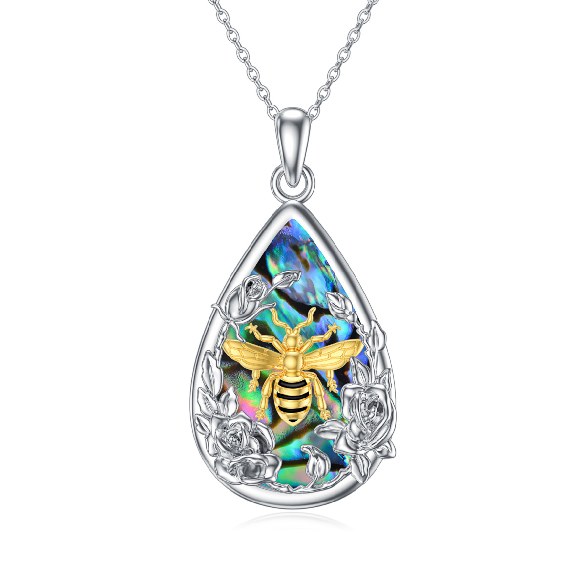Sterling Silver Two-tone Abalone Shellfish Bee & Rose Pendant Necklace-1