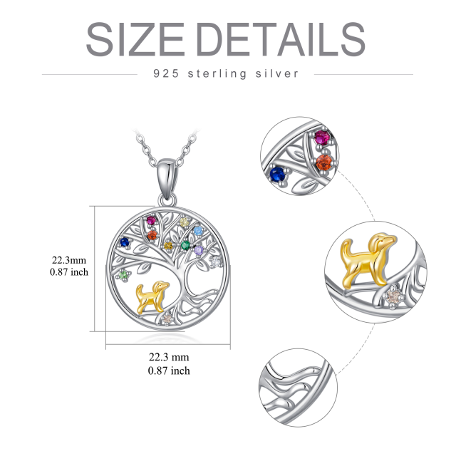 Sterling Silver Two-tone Circular Shaped Cubic Zirconia Dog & Tree Of Life Pendant Necklace-4
