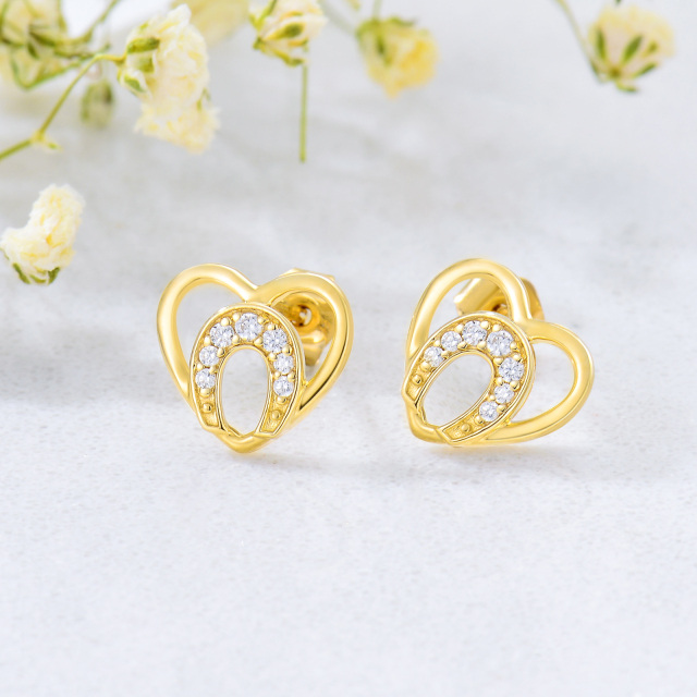 14K Gold Cubic Zirconia Heart Stud Earrings-2
