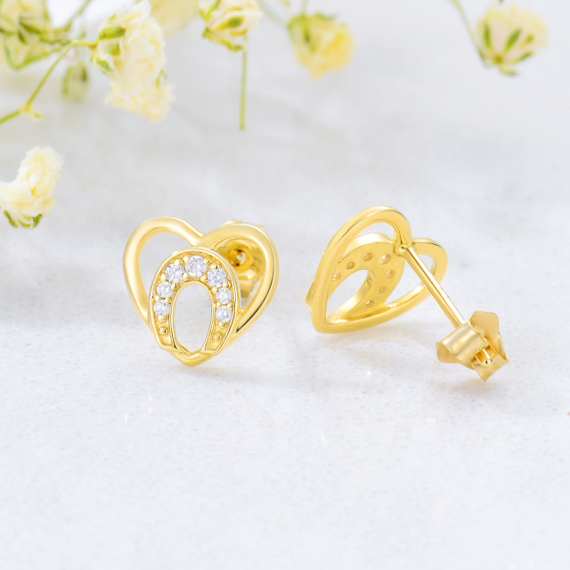 14K Gold Cubic Zirconia Heart Stud Earrings-4