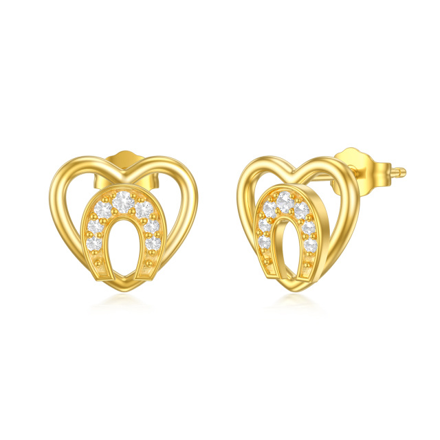 14K Gold Cubic Zirconia Heart Stud Earrings-1
